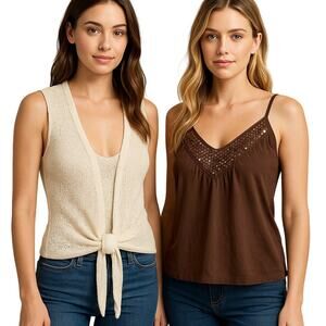 Guess Jeans Cream Open Knit Tie Front Vest & Brown Sequin Camisole Top Size L